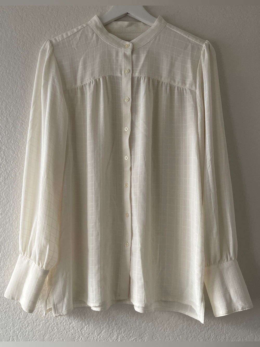 LOFT Ivory Button-Up Mandarin Collar Blouse, Medium